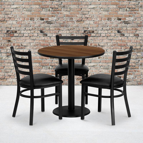 Flash Furniture 30'' Round Walnut Laminate Table Set with 3 Ladder Back Metal Chairs - Black Vinyl Seat - MD-0002-GG