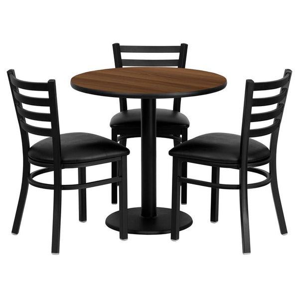 Flash Furniture 30'' Round Walnut Laminate Table Set with 3 Ladder Back Metal Chairs - Black Vinyl Seat - MD-0002-GG