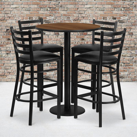 Flash Furniture 30'' Round Walnut Laminate Table Set with Round Base and 4 Ladder Back Metal Barstools - Black Vinyl Seat - RSRB1024-GG