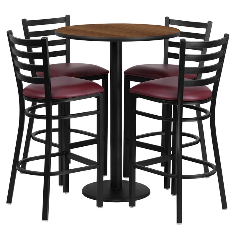 Flash Furniture 30'' Round Walnut Laminate Table Set with Round Base and 4 Ladder Back Metal Barstools - Burgundy Vinyl Seat - RSRB1028-GG