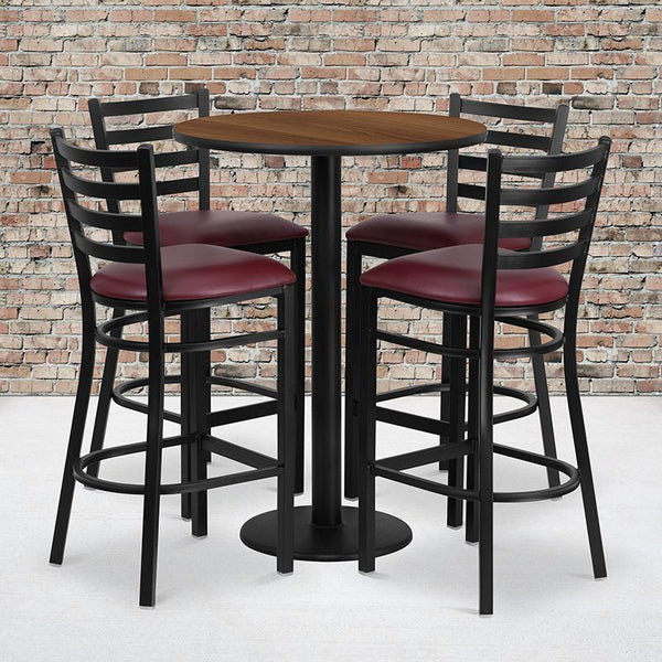 Flash Furniture 30'' Round Walnut Laminate Table Set with Round Base and 4 Ladder Back Metal Barstools - Burgundy Vinyl Seat - RSRB1028-GG