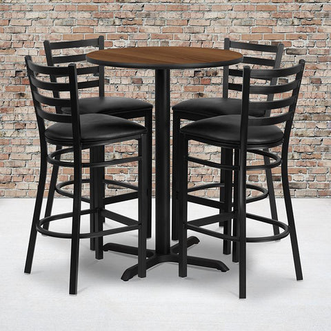 Flash Furniture 30'' Round Walnut Laminate Table Set with X-Base and 4 Ladder Back Metal Barstools - Black Vinyl Seat - HDBF1024-GG