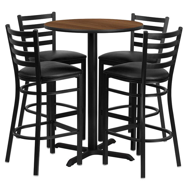 Flash Furniture 30'' Round Walnut Laminate Table Set with X-Base and 4 Ladder Back Metal Barstools - Black Vinyl Seat - HDBF1024-GG