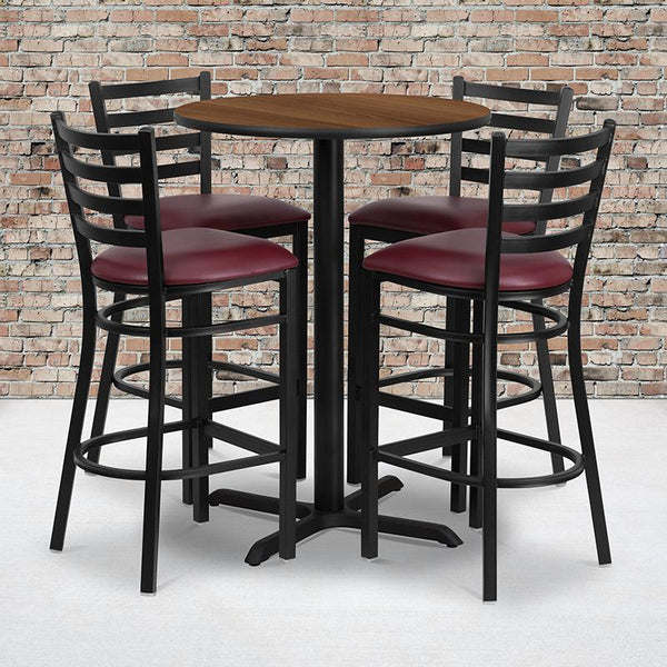 Flash Furniture 30'' Round Walnut Laminate Table Set with X-Base and 4 Ladder Back Metal Barstools - Burgundy Vinyl Seat - HDBF1028-GG