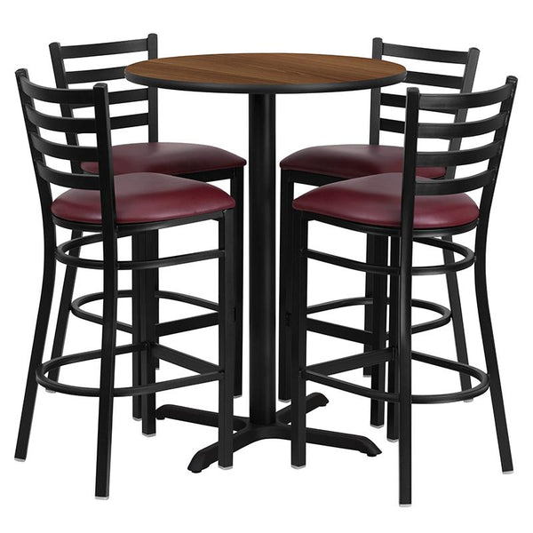 Flash Furniture 30'' Round Walnut Laminate Table Set with X-Base and 4 Ladder Back Metal Barstools - Burgundy Vinyl Seat - HDBF1028-GG