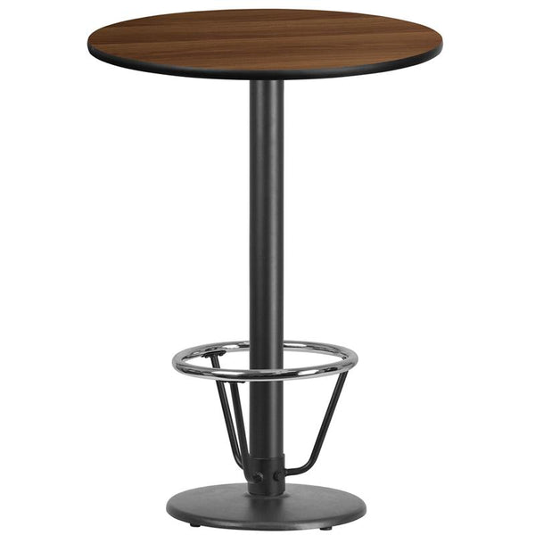 Flash Furniture 30'' Round Walnut Laminate Table Top with 18'' Round Bar Height Table Base and Foot Ring - XU-RD-30-WALTB-TR18B-3CFR-GG