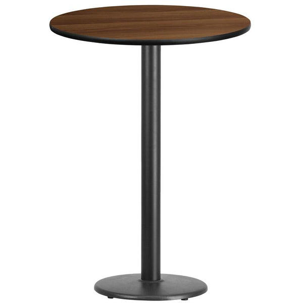 Flash Furniture 30'' Round Walnut Laminate Table Top with 18'' Round Bar Height Table Base - XU-RD-30-WALTB-TR18B-GG