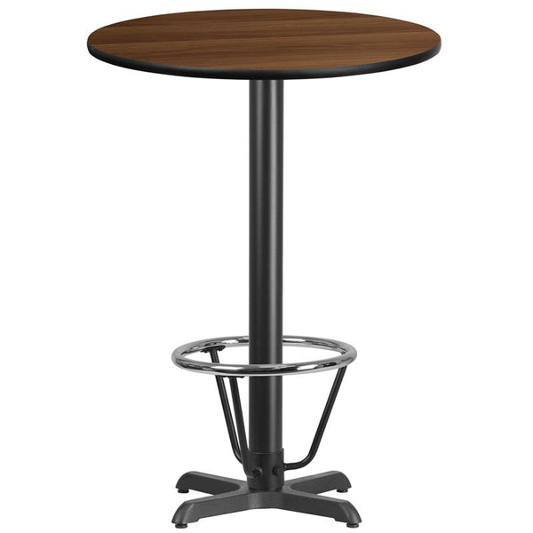 Flash Furniture 30'' Round Walnut Laminate Table Top with 22'' x 22'' Bar Height Table Base and Foot Ring - XU-RD-30-WALTB-T2222B-3CFR-GG