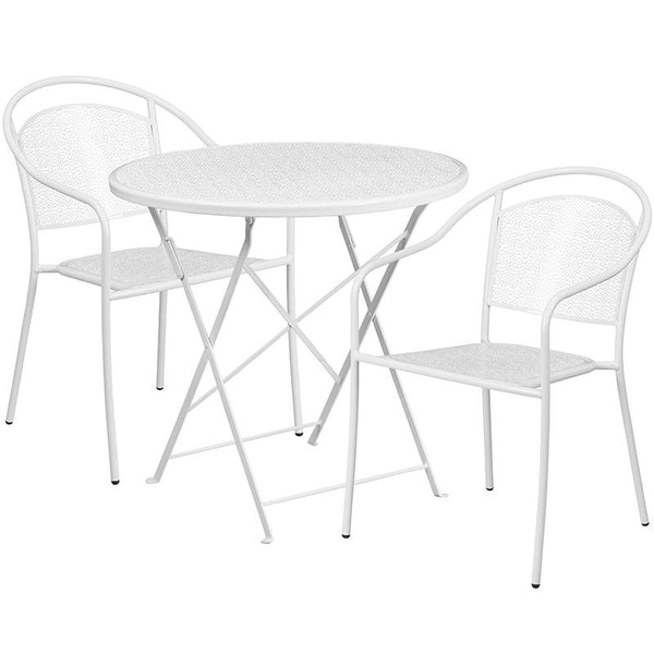 Flash Furniture 30'' Round White Indoor-Outdoor Steel Folding Patio Table Set with 2 Round Back Chairs - CO-30RDF-03CHR2-WH-GG
