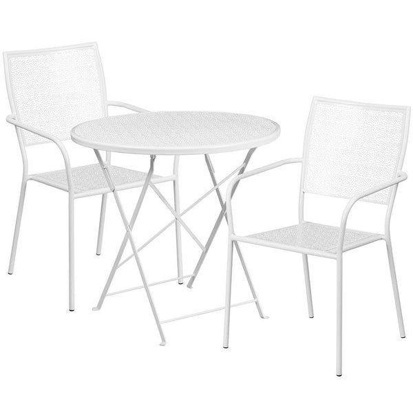 Flash Furniture 30'' Round White Indoor-Outdoor Steel Folding Patio Table Set with 2 Square Back Chairs - CO-30RDF-02CHR2-WH-GG
