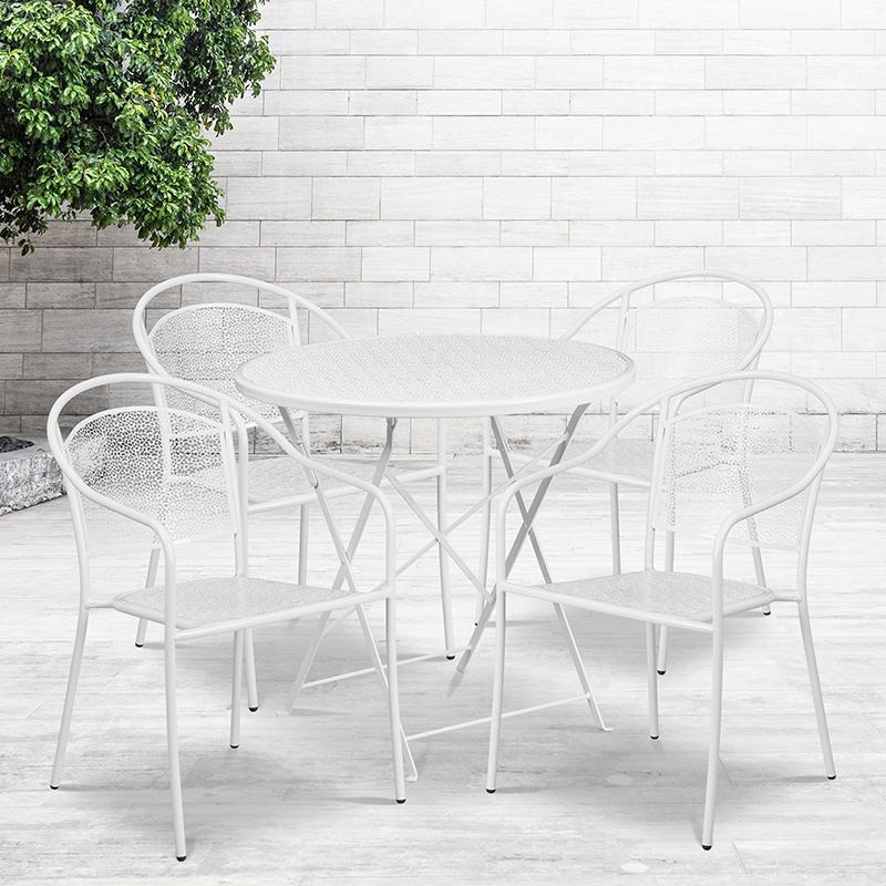 Flash Furniture 30'' Round White Indoor-Outdoor Steel Folding Patio Table Set with 4 Round Back Chairs - CO-30RDF-03CHR4-WH-GG