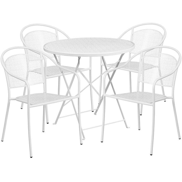 Flash Furniture 30'' Round White Indoor-Outdoor Steel Folding Patio Table Set with 4 Round Back Chairs - CO-30RDF-03CHR4-WH-GG