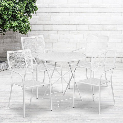 Flash Furniture 30'' Round White Indoor-Outdoor Steel Folding Patio Table Set with 4 Square Back Chairs - CO-30RDF-02CHR4-WH-GG