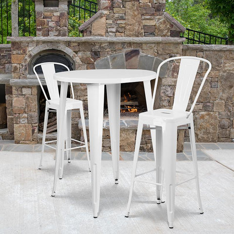 Flash Furniture 30'' Round White Metal Indoor-Outdoor Bar Table Set with 2 Cafe Stools - CH-51090BH-2-30CAFE-WH-GG