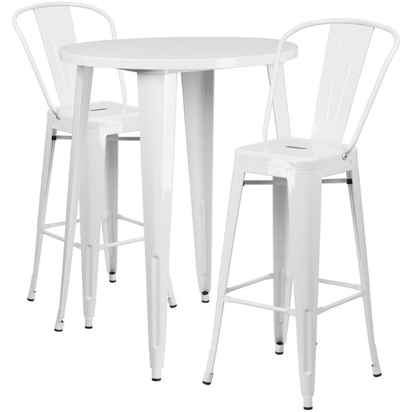 Flash Furniture 30'' Round White Metal Indoor-Outdoor Bar Table Set with 2 Cafe Stools - CH-51090BH-2-30CAFE-WH-GG