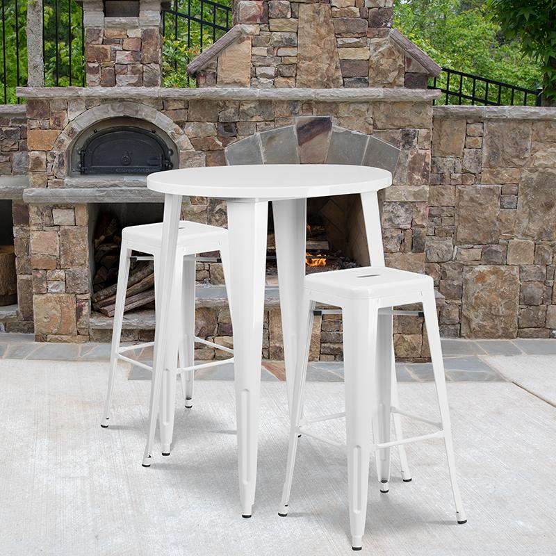 Flash Furniture 30'' Round White Metal Indoor-Outdoor Bar Table Set with 2 Square Seat Backless Stools - CH-51090BH-2-30SQST-WH-GG