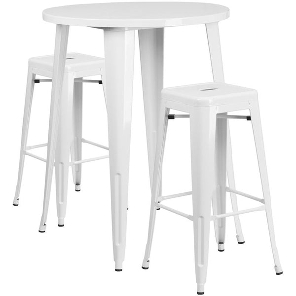 Flash Furniture 30'' Round White Metal Indoor-Outdoor Bar Table Set with 2 Square Seat Backless Stools - CH-51090BH-2-30SQST-WH-GG