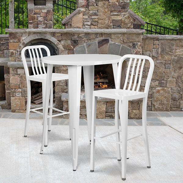 Flash Furniture 30'' Round White Metal Indoor-Outdoor Bar Table Set with 2 Vertical Slat Back Stools - CH-51090BH-2-30VRT-WH-GG