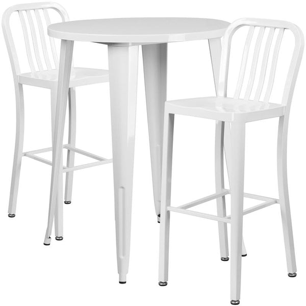 Flash Furniture 30'' Round White Metal Indoor-Outdoor Bar Table Set with 2 Vertical Slat Back Stools - CH-51090BH-2-30VRT-WH-GG
