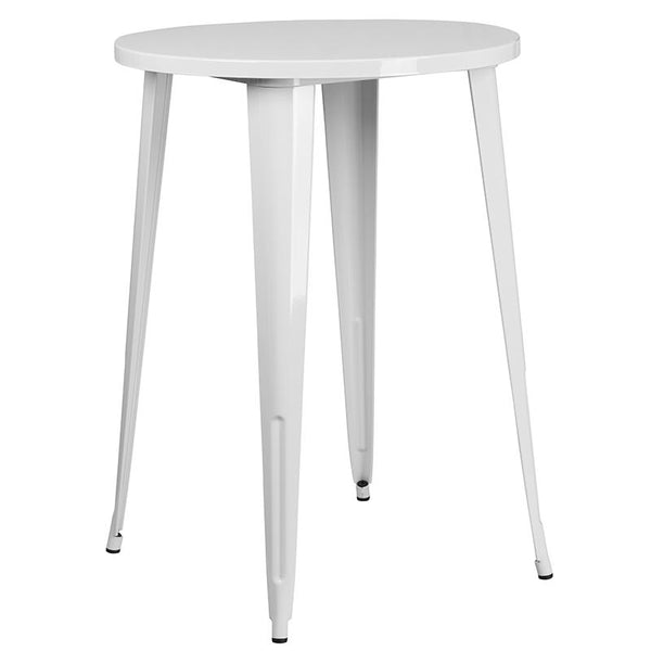 Flash Furniture 30'' Round White Metal Indoor-Outdoor Bar Table Set with 2 Vertical Slat Back Stools - CH-51090BH-2-30VRT-WH-GG