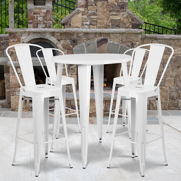 Flash Furniture 30'' Round White Metal Indoor-Outdoor Bar Table Set with 4 Cafe Stools - CH-51090BH-4-30CAFE-WH-GG