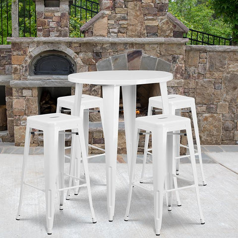 Flash Furniture 30'' Round White Metal Indoor-Outdoor Bar Table Set with 4 Square Seat Backless Stools - CH-51090BH-4-30SQST-WH-GG