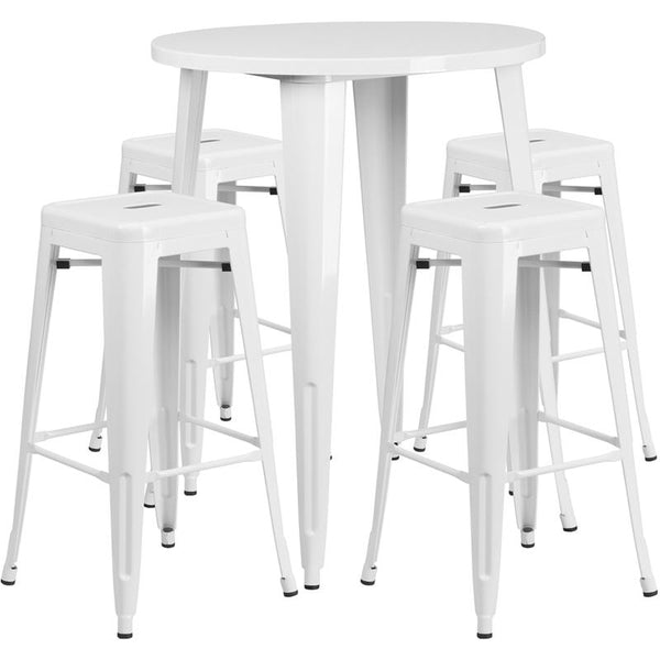 Flash Furniture 30'' Round White Metal Indoor-Outdoor Bar Table Set with 4 Square Seat Backless Stools - CH-51090BH-4-30SQST-WH-GG