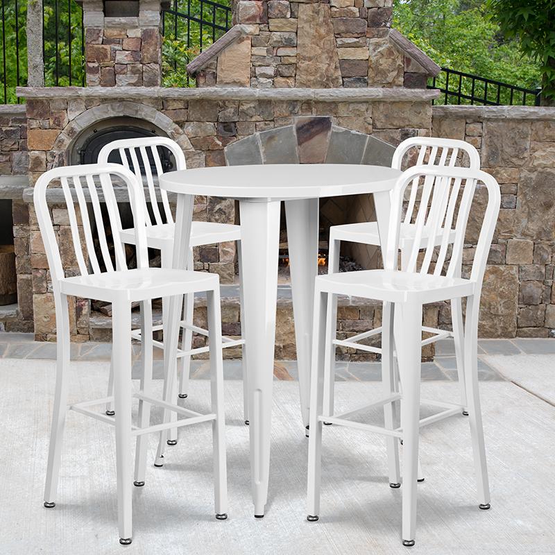 Flash Furniture 30'' Round White Metal Indoor-Outdoor Bar Table Set with 4 Vertical Slat Back Stools - CH-51090BH-4-30VRT-WH-GG