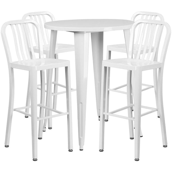 Flash Furniture 30'' Round White Metal Indoor-Outdoor Bar Table Set with 4 Vertical Slat Back Stools - CH-51090BH-4-30VRT-WH-GG