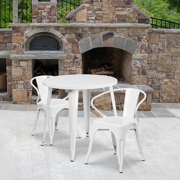 Flash Furniture 30'' Round White Metal Indoor-Outdoor Table Set with 2 Arm Chairs - CH-51090TH-2-18ARM-WH-GG