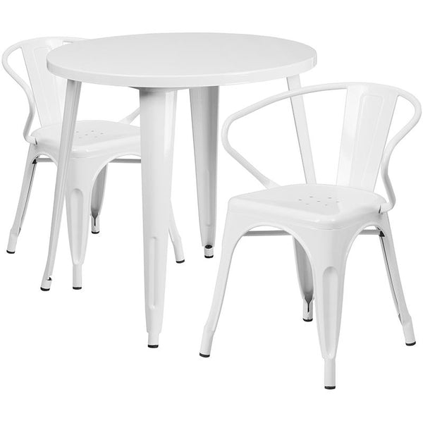 Flash Furniture 30'' Round White Metal Indoor-Outdoor Table Set with 2 Arm Chairs - CH-51090TH-2-18ARM-WH-GG
