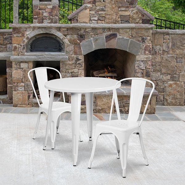 Flash Furniture 30'' Round White Metal Indoor-Outdoor Table Set with 2 Cafe Chairs - CH-51090TH-2-18CAFE-WH-GG