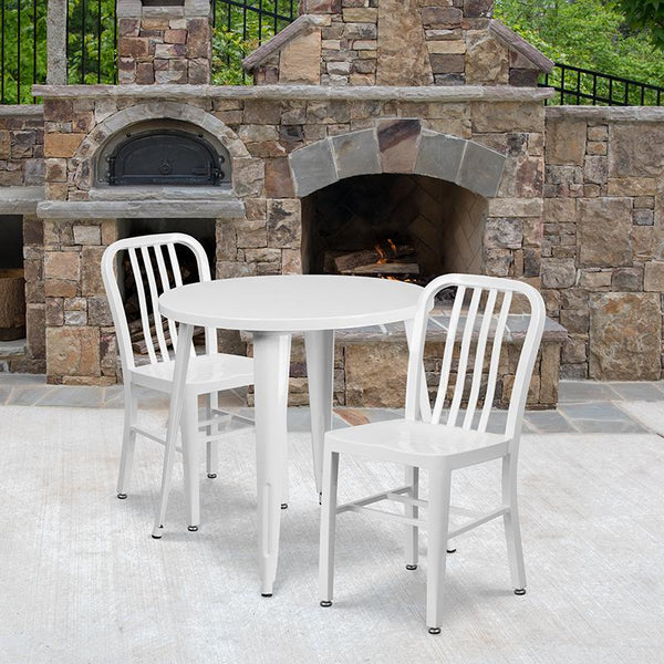 Flash Furniture 30'' Round White Metal Indoor-Outdoor Table Set with 2 Vertical Slat Back Chairs - CH-51090TH-2-18VRT-WH-GG