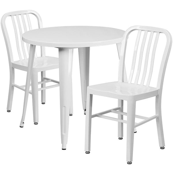 Flash Furniture 30'' Round White Metal Indoor-Outdoor Table Set with 2 Vertical Slat Back Chairs - CH-51090TH-2-18VRT-WH-GG