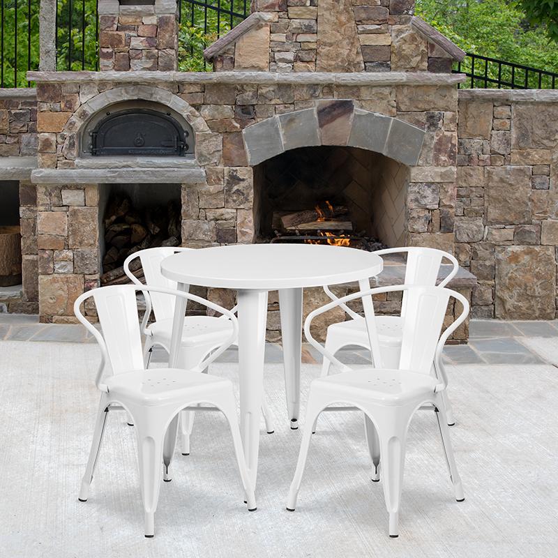 Flash Furniture 30'' Round White Metal Indoor-Outdoor Table Set with 4 Arm Chairs - CH-51090TH-4-18ARM-WH-GG