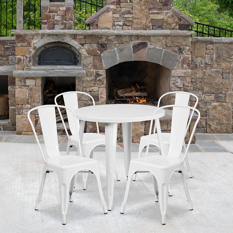 Flash Furniture 30'' Round White Metal Indoor-Outdoor Table Set with 4 Cafe Chairs - CH-51090TH-4-18CAFE-WH-GG