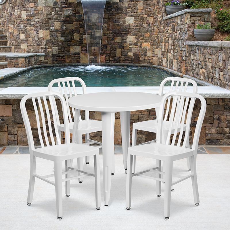Flash Furniture 30'' Round White Metal Indoor-Outdoor Table Set with 4 Vertical Slat Back Chairs - CH-51090TH-4-18VRT-WH-GG