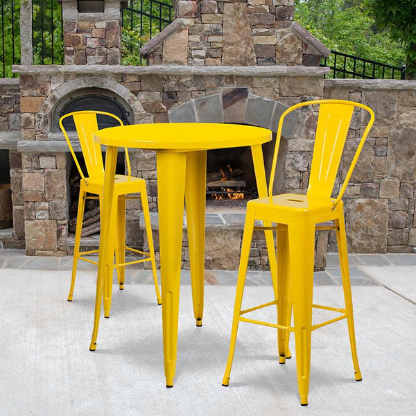 Flash Furniture 30'' Round Yellow Metal Indoor-Outdoor Bar Table Set with 2 Cafe Stools - CH-51090BH-2-30CAFE-YL-GG