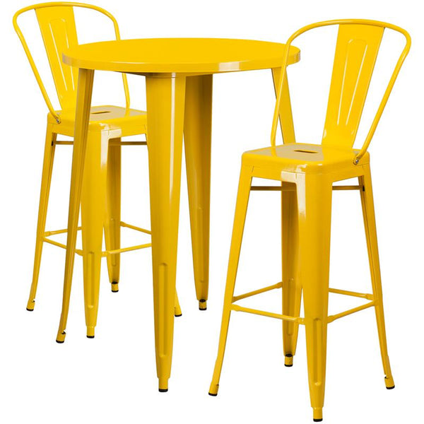 Flash Furniture 30'' Round Yellow Metal Indoor-Outdoor Bar Table Set with 2 Cafe Stools - CH-51090BH-2-30CAFE-YL-GG