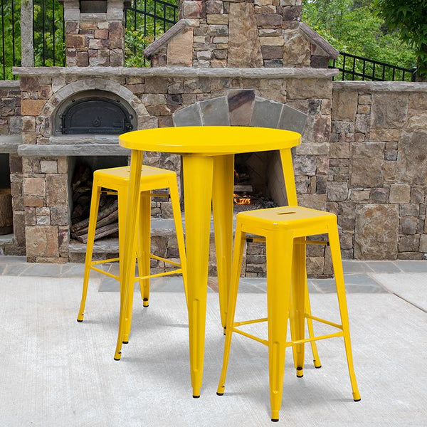 Flash Furniture 30'' Round Yellow Metal Indoor-Outdoor Bar Table Set with 2 Square Seat Backless Stools - CH-51090BH-2-30SQST-YL-GG