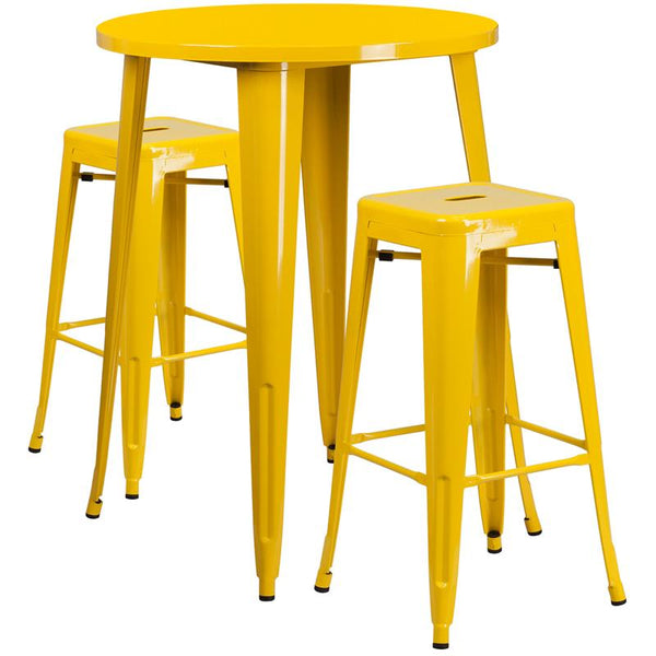 Flash Furniture 30'' Round Yellow Metal Indoor-Outdoor Bar Table Set with 2 Square Seat Backless Stools - CH-51090BH-2-30SQST-YL-GG