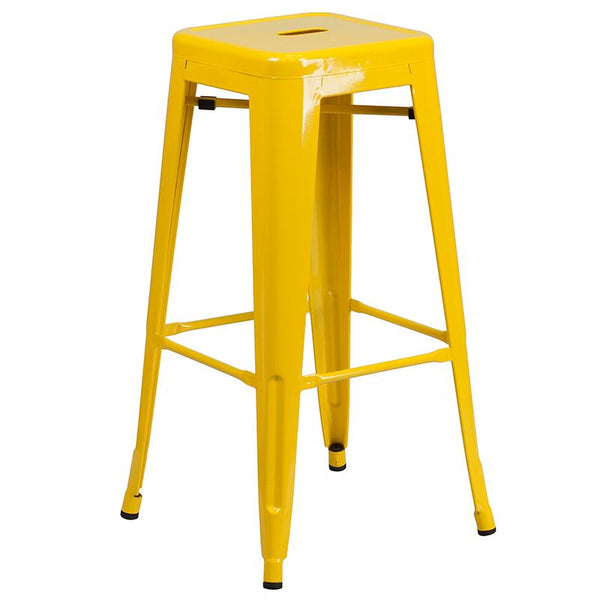 Flash Furniture 30'' Round Yellow Metal Indoor-Outdoor Bar Table Set with 2 Square Seat Backless Stools - CH-51090BH-2-30SQST-YL-GG