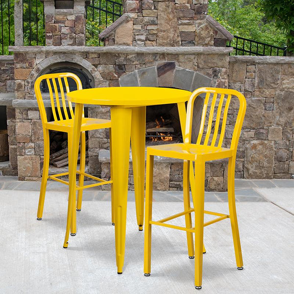 Flash Furniture 30'' Round Yellow Metal Indoor-Outdoor Bar Table Set with 2 Vertical Slat Back Stools - CH-51090BH-2-30VRT-YL-GG