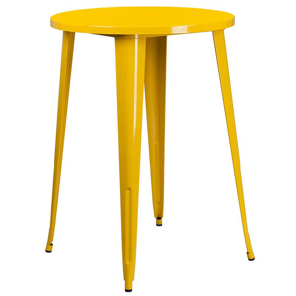 Flash Furniture 30'' Round Yellow Metal Indoor-Outdoor Bar Table Set with 2 Vertical Slat Back Stools - CH-51090BH-2-30VRT-YL-GG