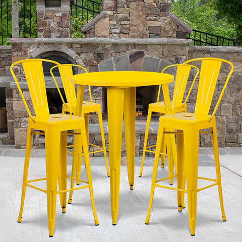 Flash Furniture 30'' Round Yellow Metal Indoor-Outdoor Bar Table Set with 4 Cafe Stools - CH-51090BH-4-30CAFE-YL-GG