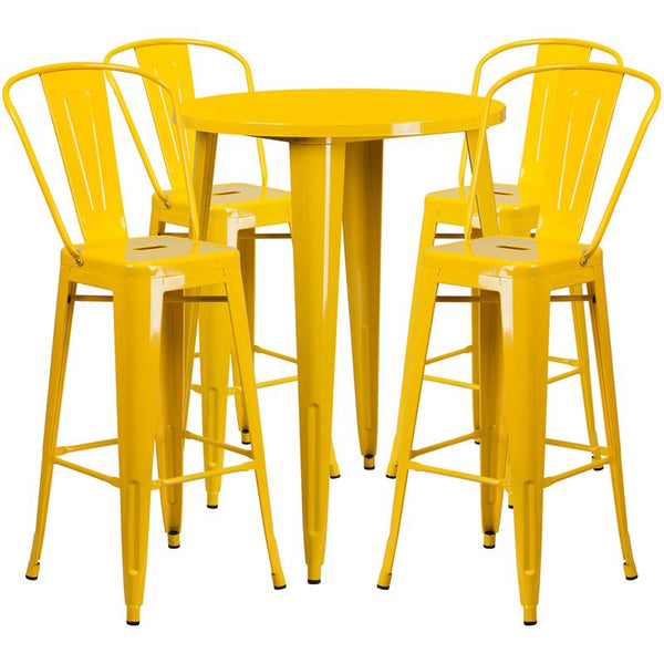 Flash Furniture 30'' Round Yellow Metal Indoor-Outdoor Bar Table Set with 4 Cafe Stools - CH-51090BH-4-30CAFE-YL-GG