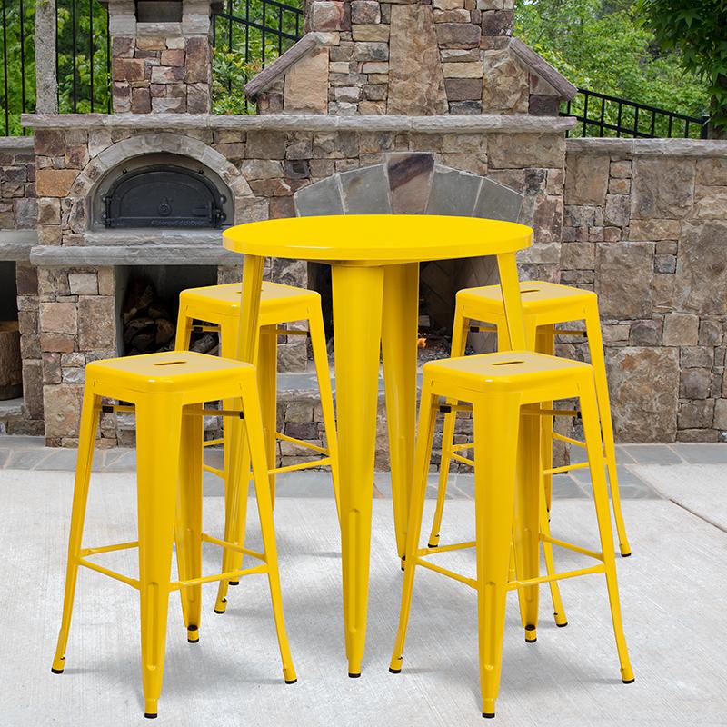 Flash Furniture 30'' Round Yellow Metal Indoor-Outdoor Bar Table Set with 4 Square Seat Backless Stools - CH-51090BH-4-30SQST-YL-GG