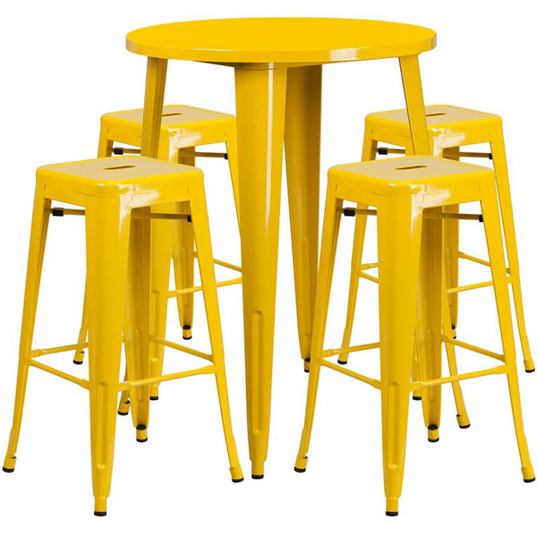 Flash Furniture 30'' Round Yellow Metal Indoor-Outdoor Bar Table Set with 4 Square Seat Backless Stools - CH-51090BH-4-30SQST-YL-GG