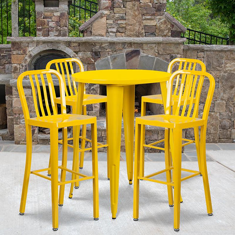 Flash Furniture 30'' Round Yellow Metal Indoor-Outdoor Bar Table Set with 4 Vertical Slat Back Stools - CH-51090BH-4-30VRT-YL-GG