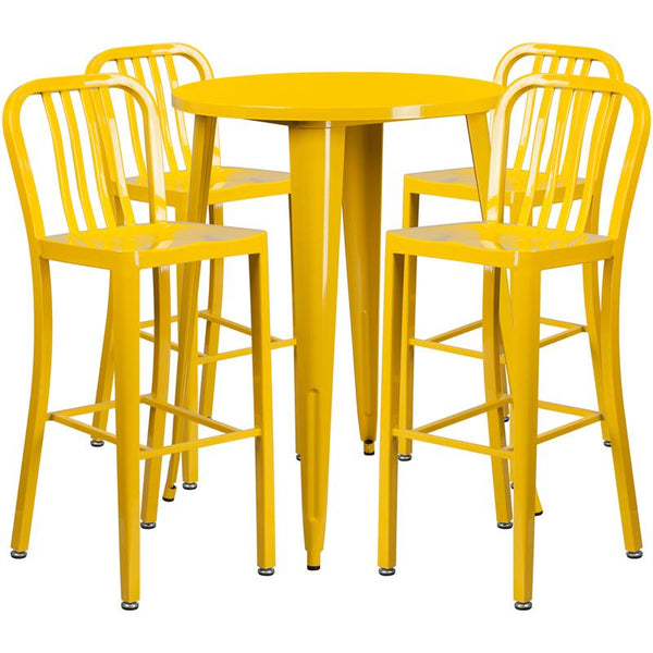 Flash Furniture 30'' Round Yellow Metal Indoor-Outdoor Bar Table Set with 4 Vertical Slat Back Stools - CH-51090BH-4-30VRT-YL-GG